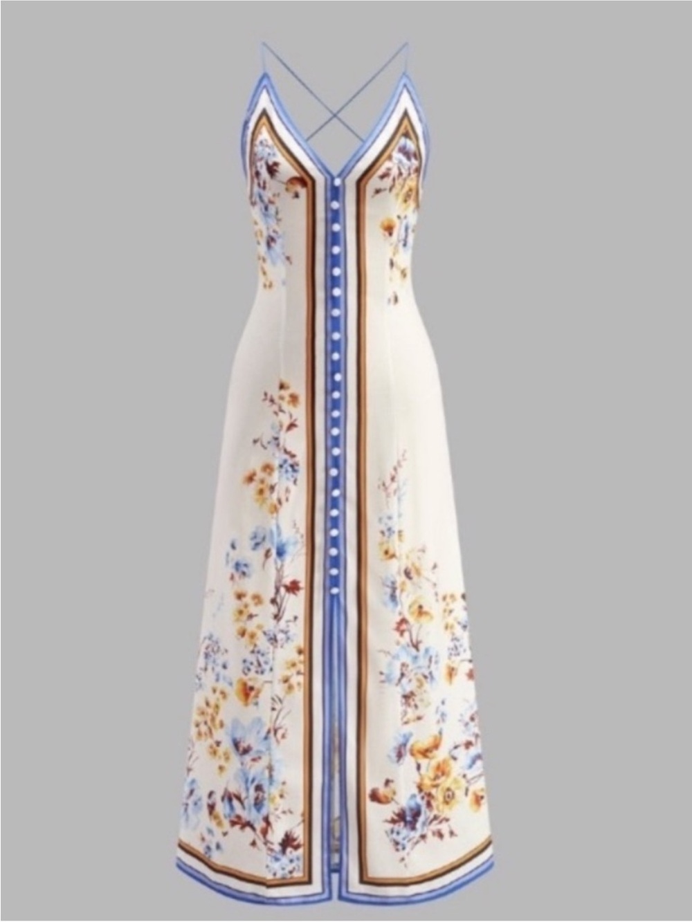 COMMENSE Blue White Floral Print Open Back Midi Dress NWT